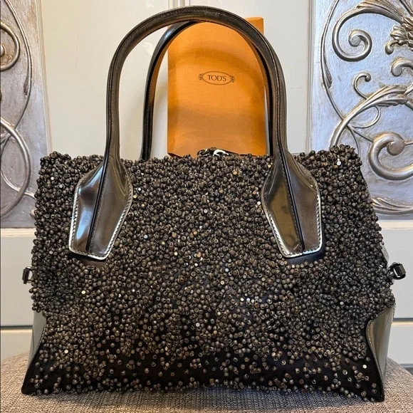 NWOT Tod's Black embellished Beaded tote Bag W/dustbag - Picture 1 of 16